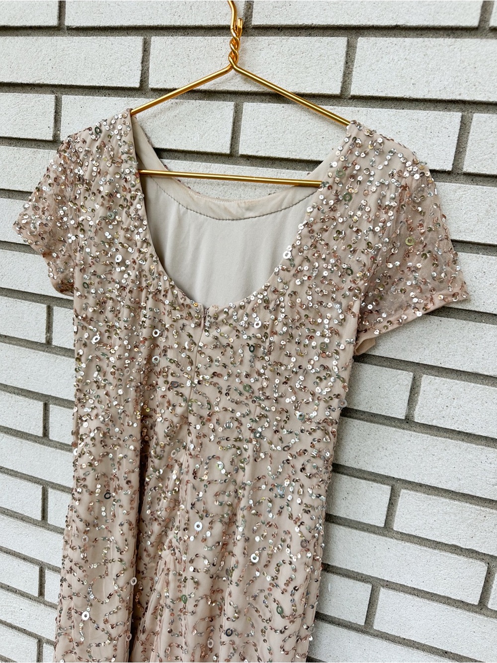 Adrianna Papell 10 Champagne Sequin Beaded Mesh Cocktail Sheath Party Dress - Picture 7 of 11